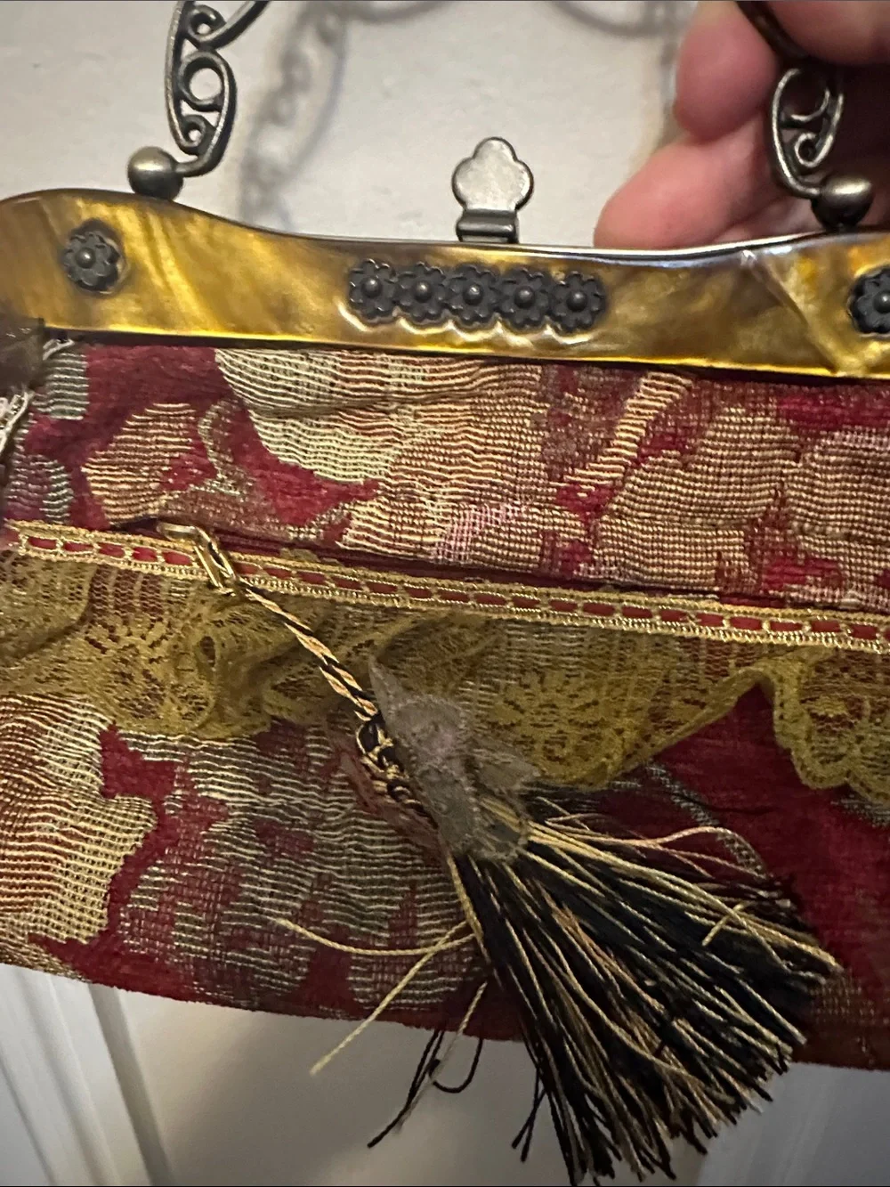 Vintage-Inspired Floral Appliqué Handbag in Burgundy and Olive
